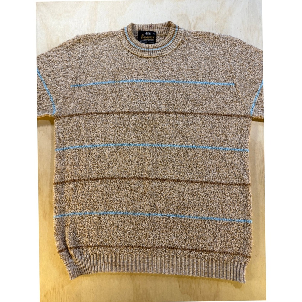 Vintage Campus Mens Tan Striped Short Sleeve Knit Sweater Made in USA Size M